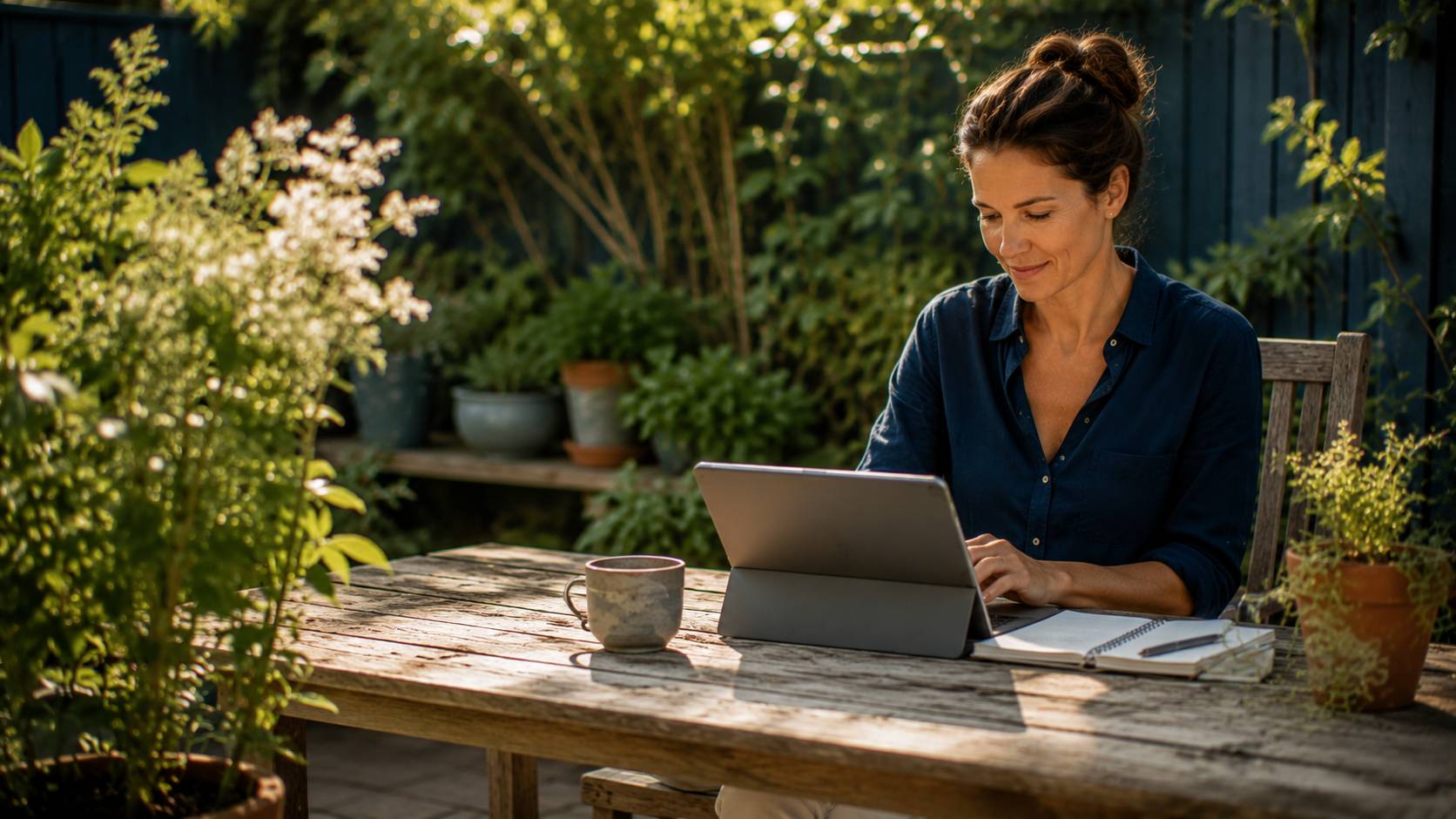 Persoon werkt op een laptop op een zonnig terras omringd door groene planten