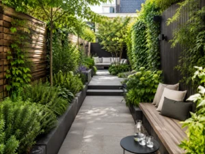 Smalle tuin met dieptewerking, groene beplanting, strak tegelpad, houten bank en rustige zithoek achterin