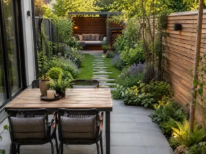 Smalle tuin met duidelijke indeling, terras bij het huis, groen pad, beplanting langs de zijkanten en een zitplek achterin