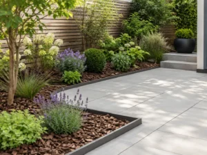 Onderhoudsvriendelijke tuin met keramische tegels, nette kantopsluiting, mulchlaag en sterke vaste planten die weinig onderhoud vragen