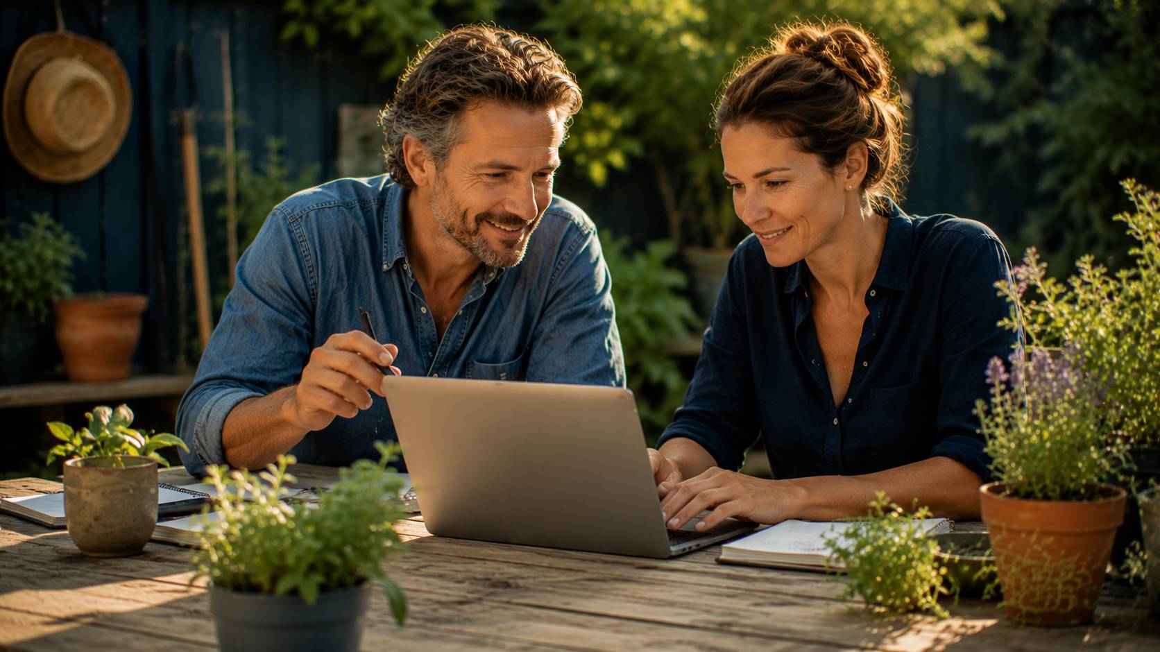 Twee mensen kijken samen naar een laptopscherm op een terras in een groene buitenruimte