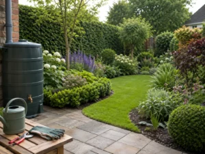 Verzorgde tuin met regenton, gieter, snoeischaar, gazon en borders als voorbeeld van tuinonderhoud checklist per maand