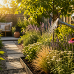 Tuin in de zomer met gieter, bloeiende planten, lavendel, siergrassen en slim water geven bij warmte en droogte