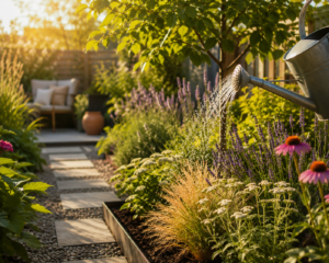 Tuin in de zomer met gieter, bloeiende planten, lavendel, siergrassen en slim water geven bij warmte en droogte