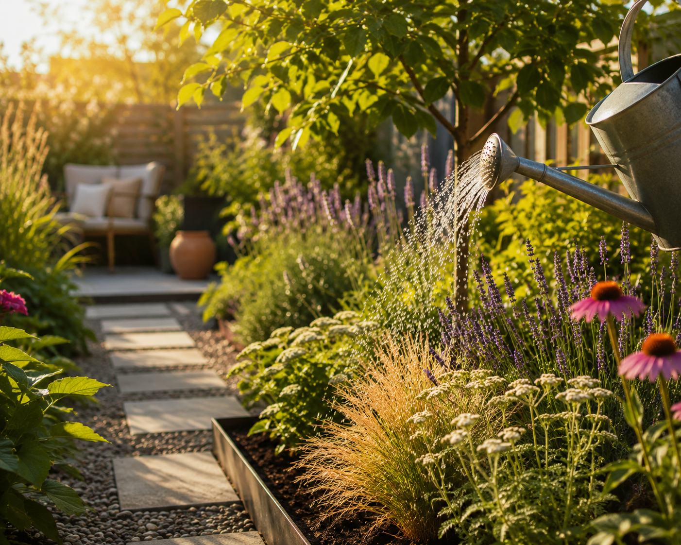Tuin in de zomer met gieter, bloeiende planten, lavendel, siergrassen en slim water geven bij warmte en droogte